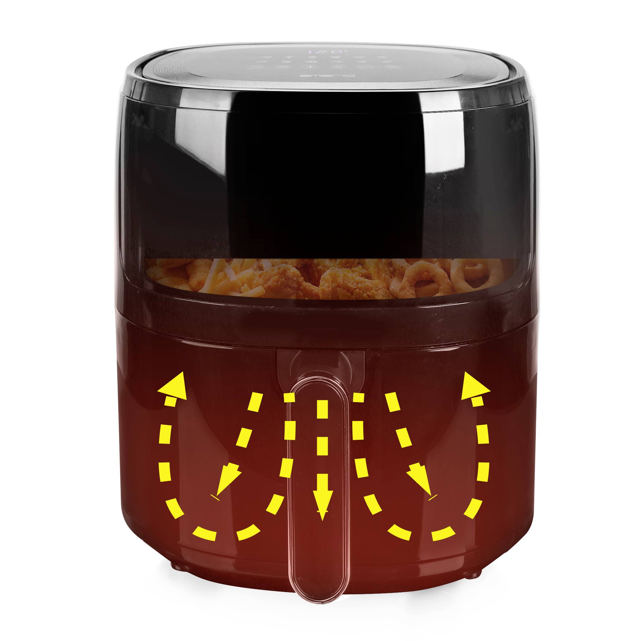 'Heißluftfritteuse mit zirkulierenden Luftstromspfeilen, zeigt Luftzirkulation für knuspriges Frittieren ohne Öl.'