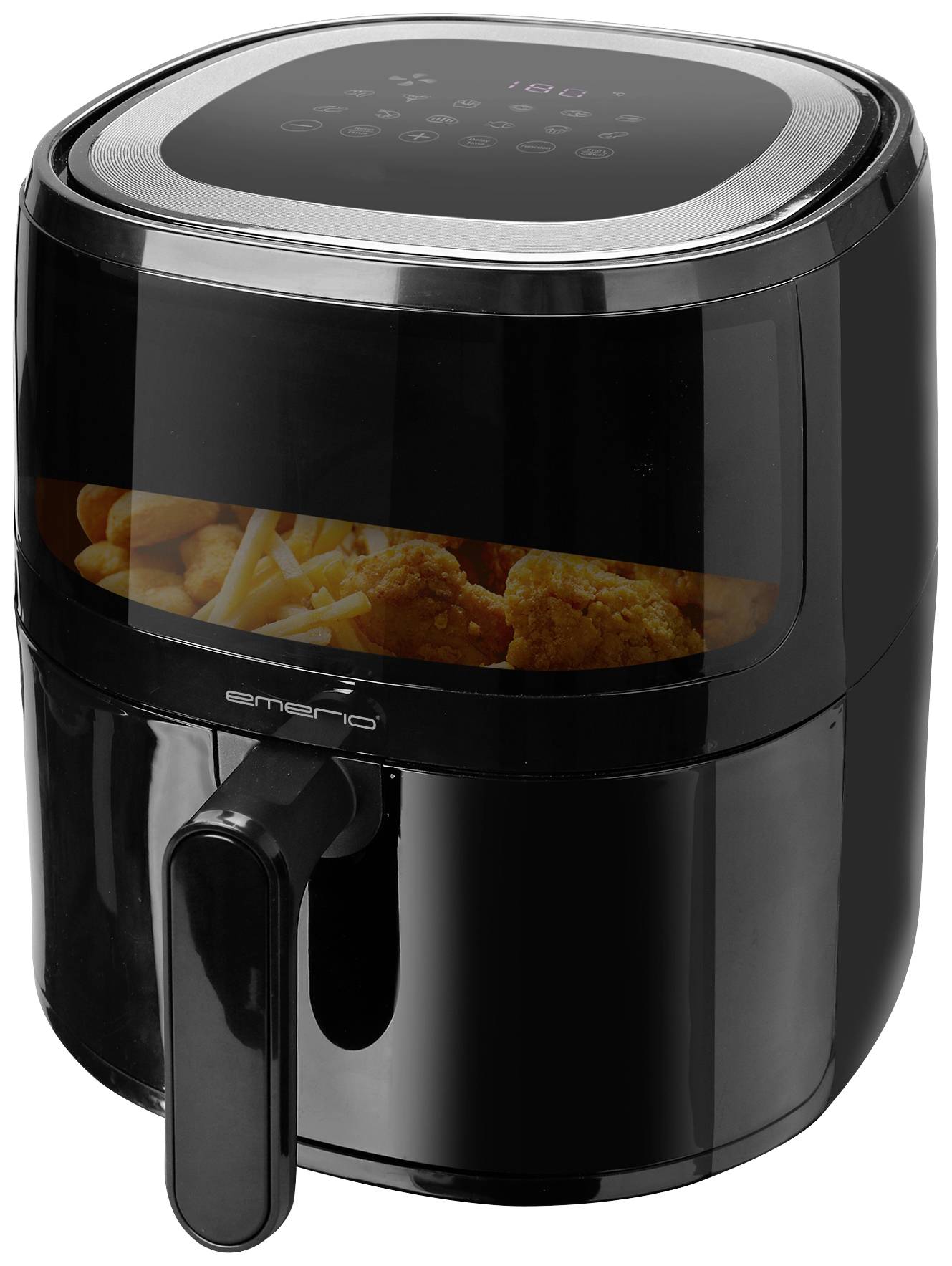 Schwarze Heißluftfritteuse mit Sichtfenster, gefüllt mit Pommes frites und Hähnchenteilen.