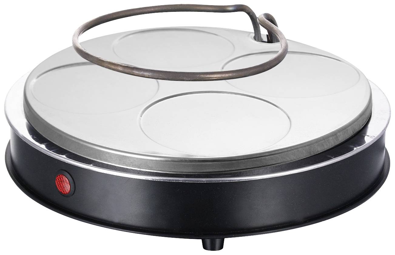 Ein runder, elektrischer Crêpe-Maker mit einer Metallplatte und einem roten Kontrolllicht, geeignet zum gleichzeitigen Backen von vier Crêpes.