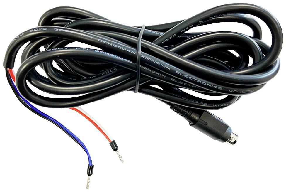 Ein langes schwarzes Kabel mit mehreren Anschlüssen, darunter zwei offene Drahtenden in Rot und Blau, sowie einen runden Stecker.
