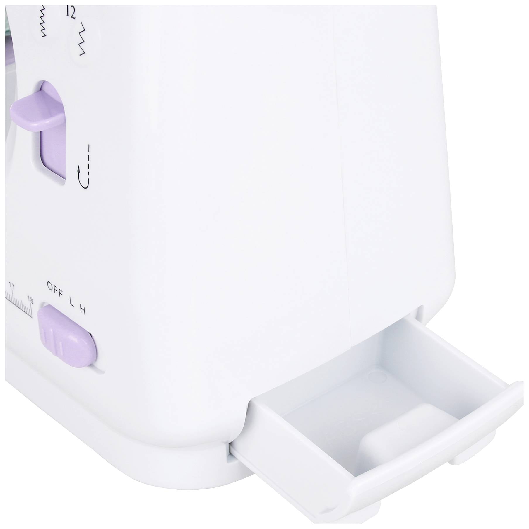 Ein weißer Toaster mit lila Knöpfen und einem herausziehbaren Krümelfach unten rechts.