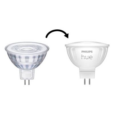 Eine herkömmliche Lampe links wird durch eine Philips Hue LED-Lampe rechts ersetzt, dargestellt durch einen Pfeil.