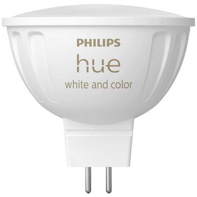 LED-Lampe mit Aufschrift 'Philips hue white and color', geeignet für Farb- und Weißlichtsteuerung in Smart Home-Systemen.