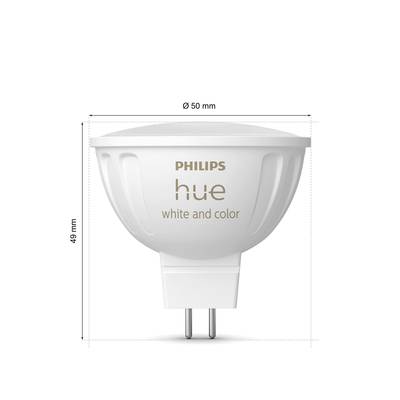 Eine Philips Hue GU5.3 LED-Lampe. Sie ist weiß und farbig einstellbar. Die Lampe misst 50 mm im Durchmesser und 49 mm in der Höhe.