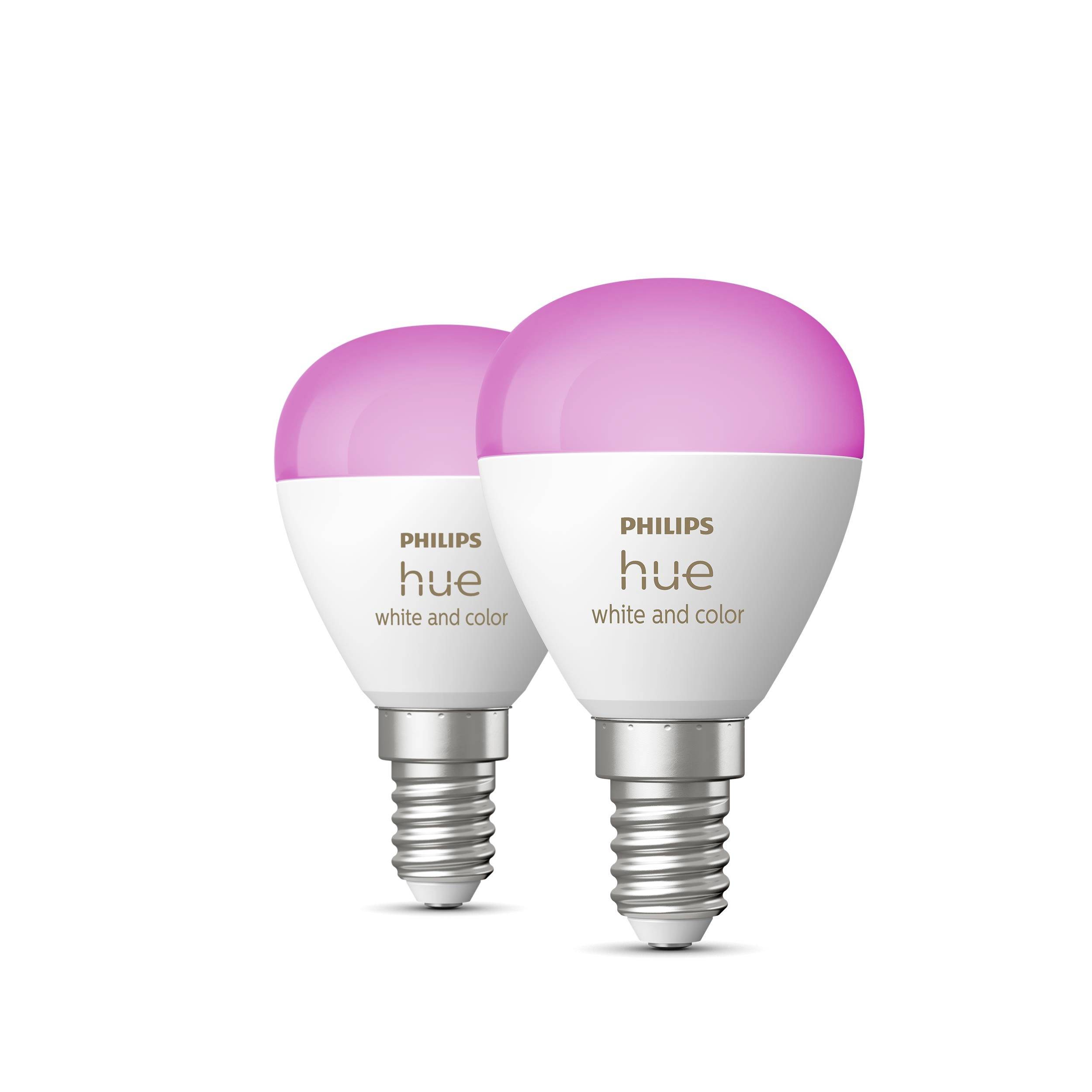 Zwei smarte Philips Hue-LED-Glühbirnen mit pinkem Leuchten, passend für E14-Sockel. Ideal für bunte, steuerbare Beleuchtung.