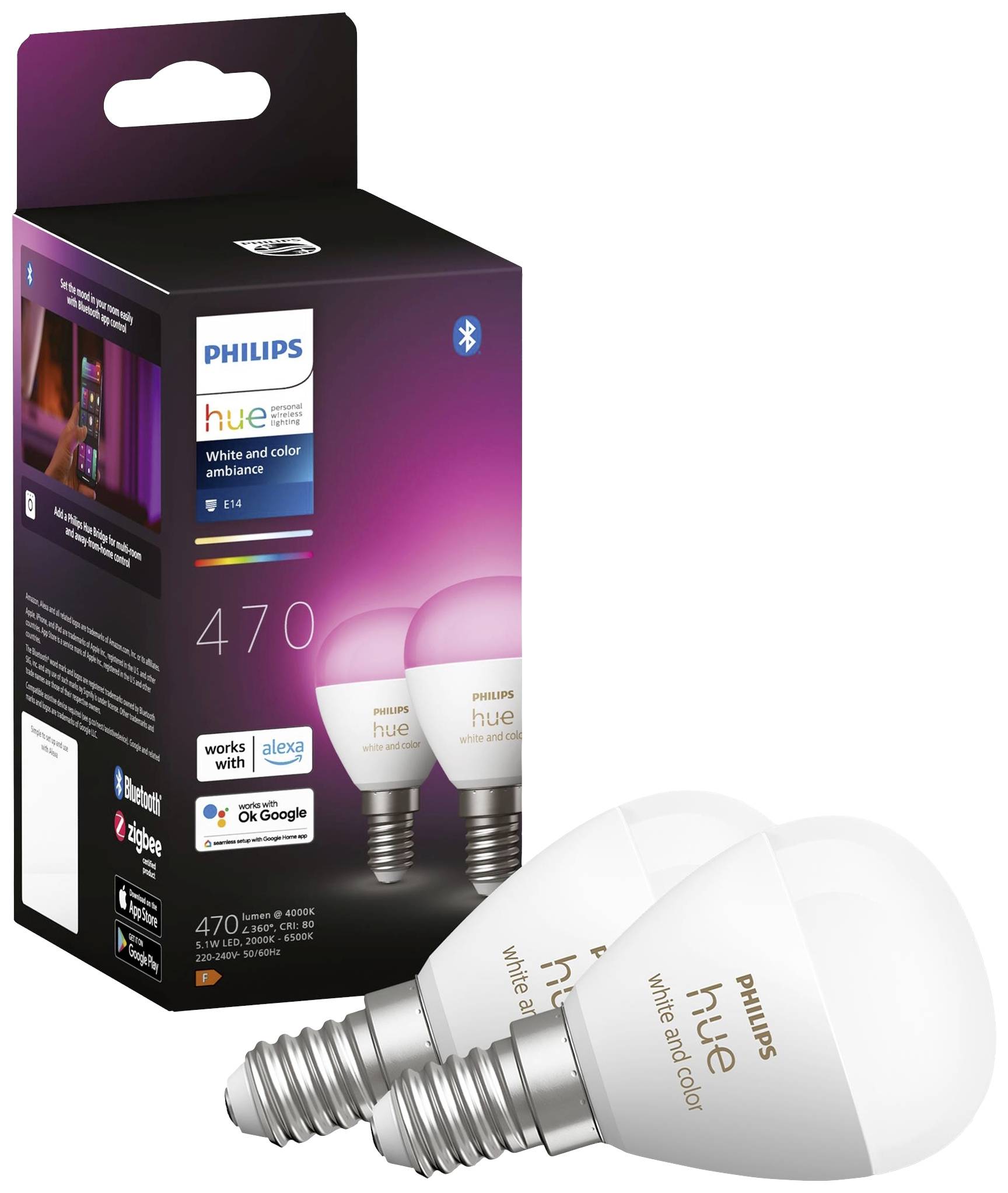 Philips Hue LED-Lampen in der Verpackung, leuchtend in Weiß und verschiedenen Farben, kompatibel mit Alexa und Google Assistant.