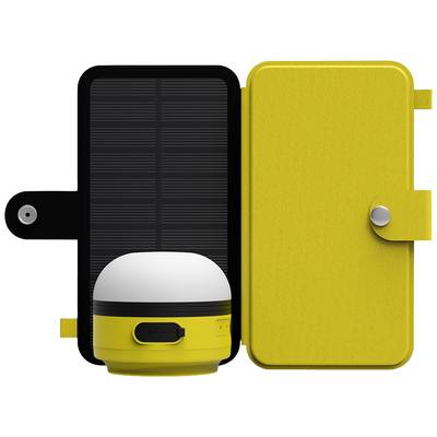 Tragbares Solarladegerät mit gelbem Gehäuse, geöffnet. Zeigt eine runde weiße und gelbe Leuchte mit Solarpanel im Inneren.