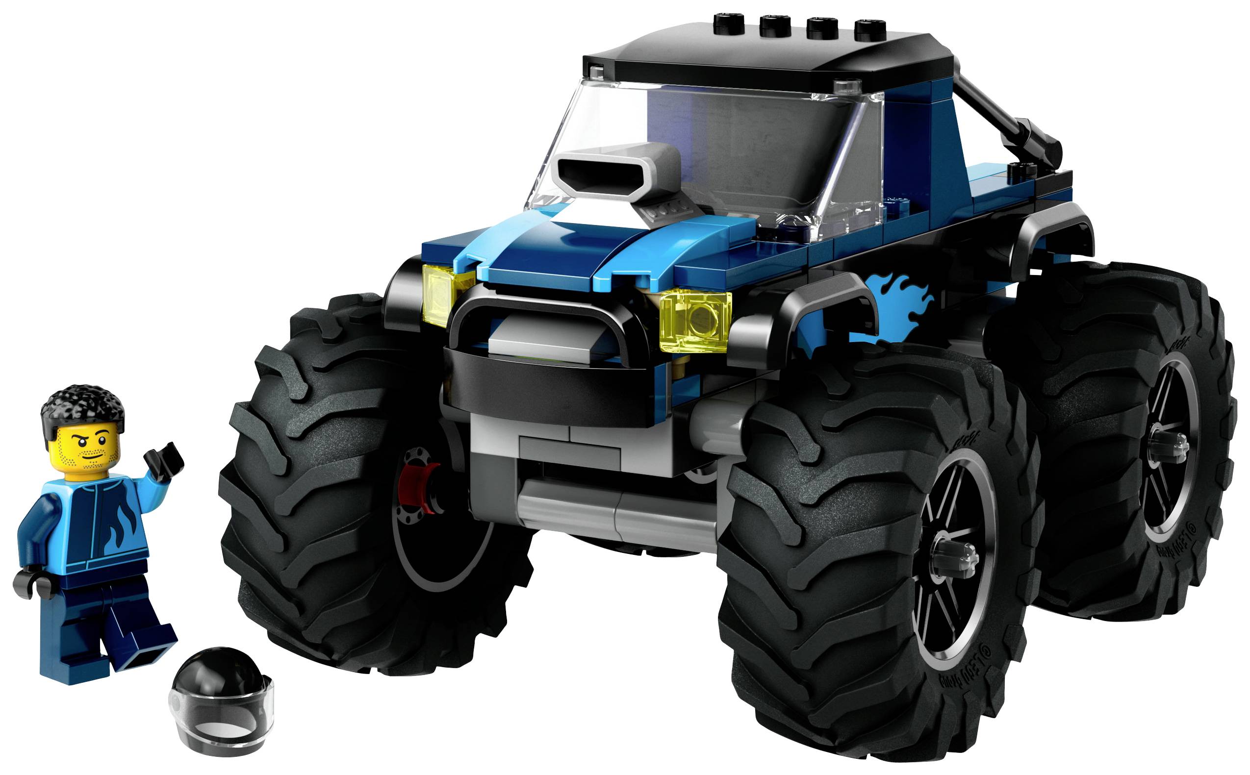 Ein blauer LEGO-Monstertruck mit großen Reifen steht neben einer LEGO-Figur mit schwarzem Helm.