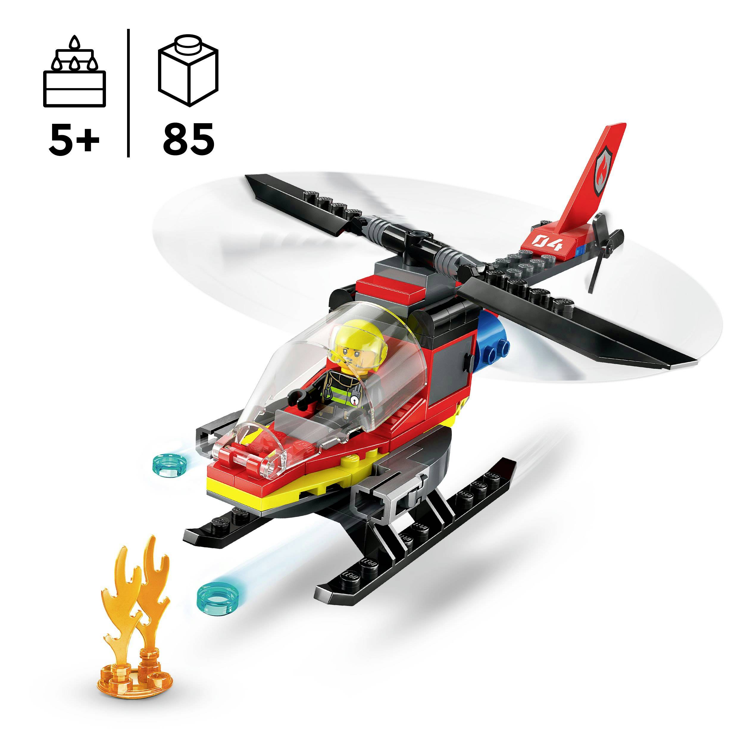 Ein LEGO-Hubschrauber-Set ab 5 Jahren mit 85 Teilen. Enthält einen Hubschrauber mit beweglichen Rotorblättern und eine Feuerwehrfigur.