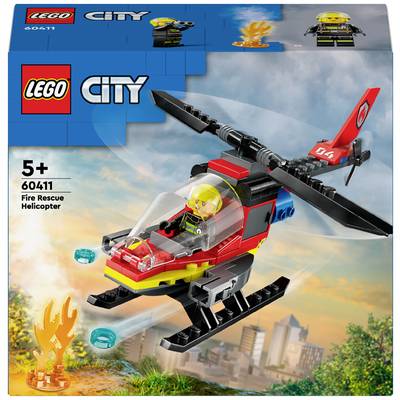 Spielzeug-Verpackung von LEGO City 'Feuerwehr-Hubschrauber' für Kinder ab 5 Jahren. Enthält Figur, Hubschrauber und Flammenelemente.