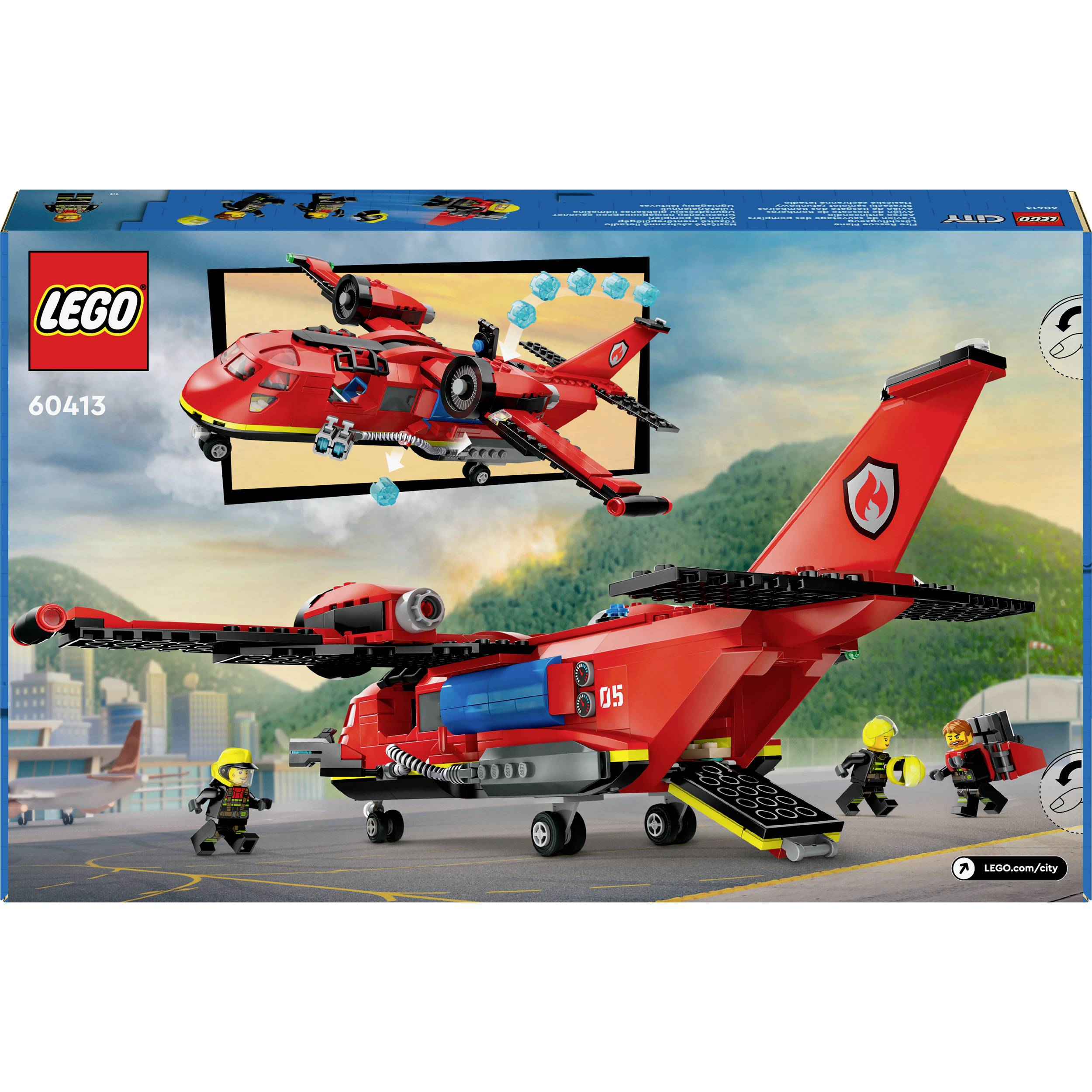 LEGO-Set mit rotem Löschflugzeug auf einem Flughafen. Zwei Feuerwehrfiguren und Zubehör inklusive. Ideal für Feuerwehrfans.