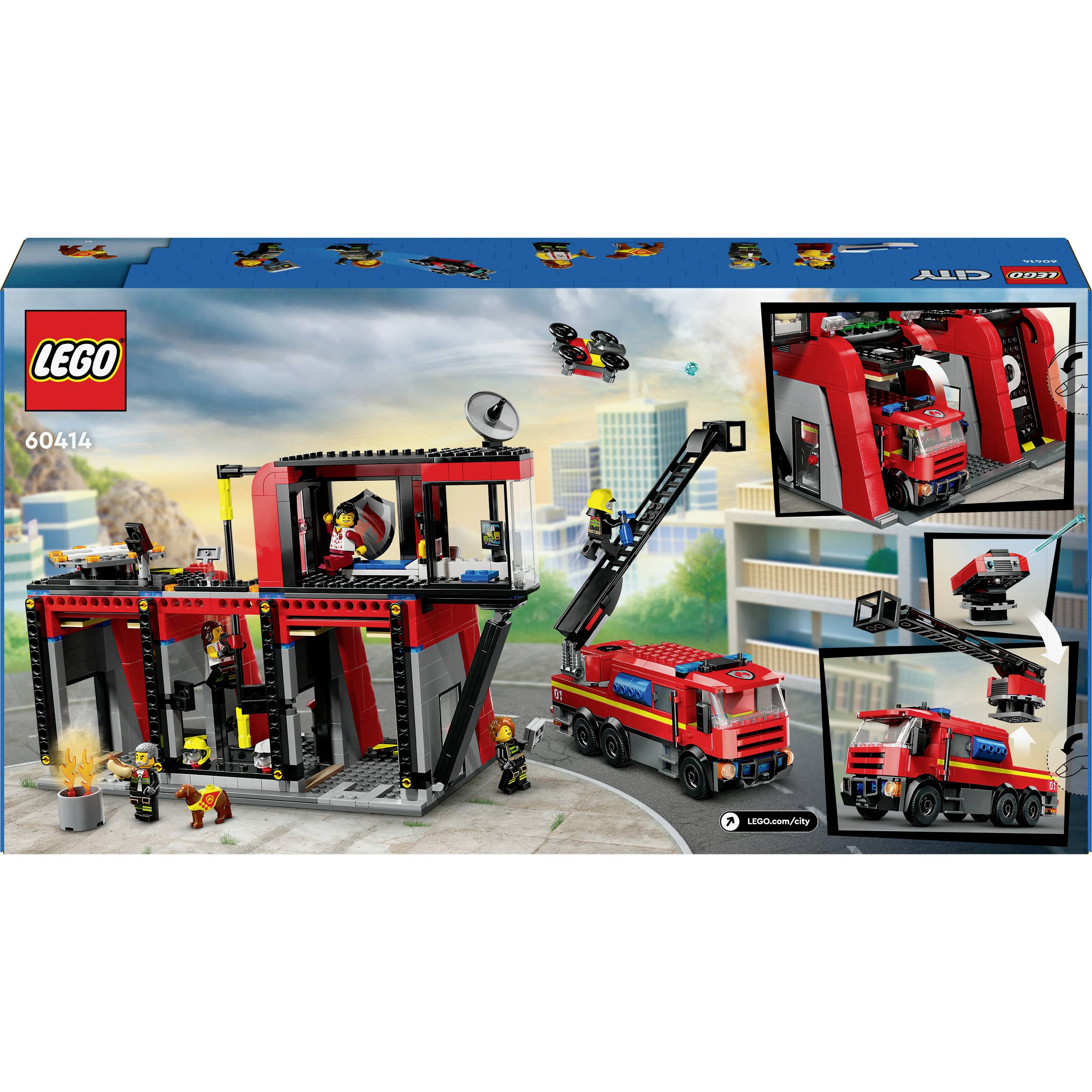Lego-Set mit Feuerwache und Feuerwehrfahrzeug. Zwei Figuren mit Feuerwehranzügen, Drohne und Zubehör auf Verpackung abgebildet.