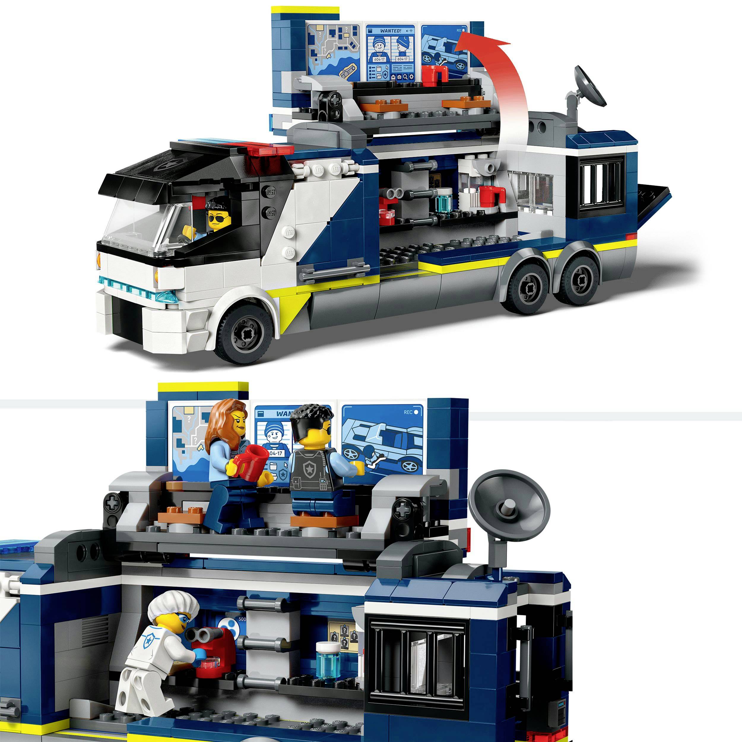 LEGO-Spielzeug-Van mit aufklappbaren Seiten zeigt Innenräume mit Figuren. Oben: Lenkung. Unten: Forschungslabor und Überwachungstechnologie.