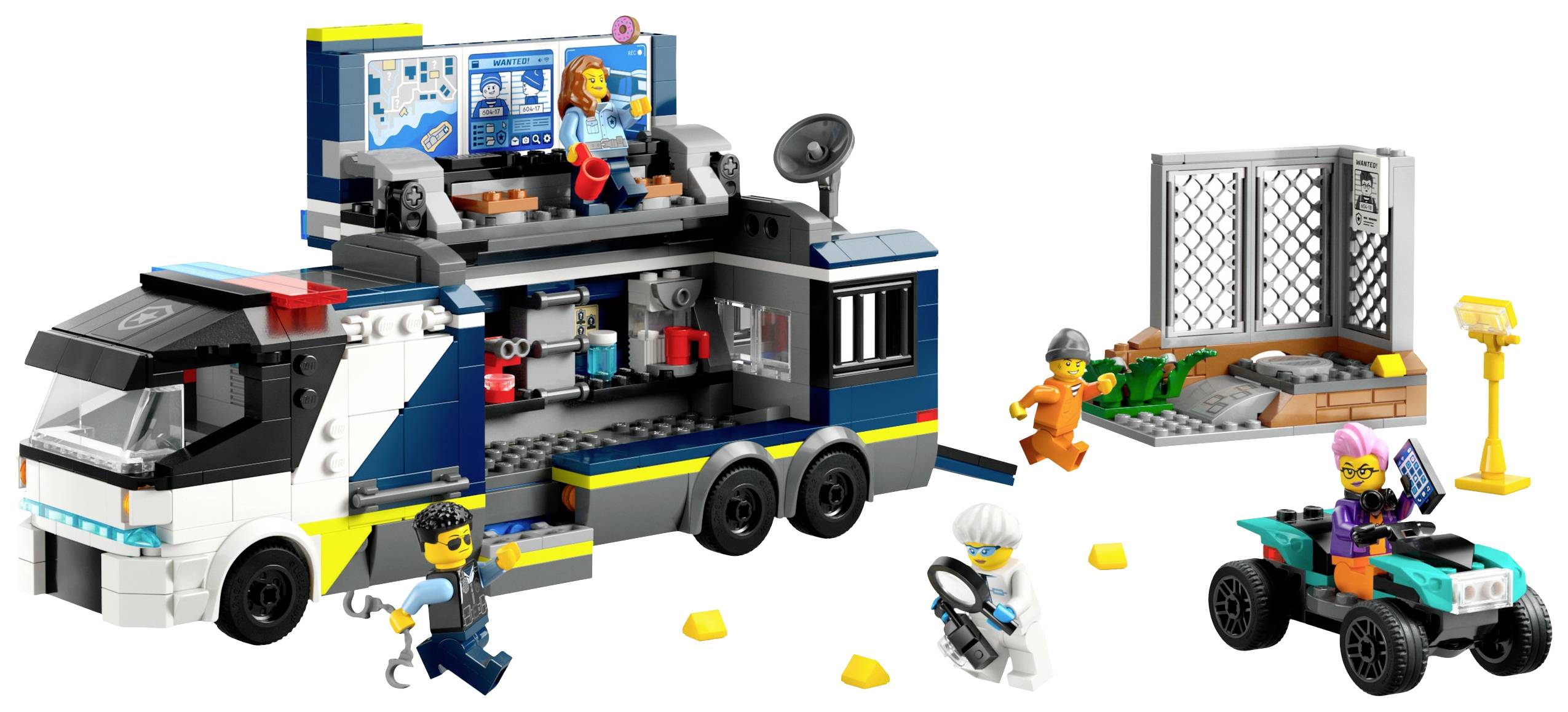 Lego-Set mit Überwachungsfahrzeug, Figuren und Zubehör. Polizisten verfolgen Verdächtige; Szene zeigt actionreiche Verbrecherjagd.