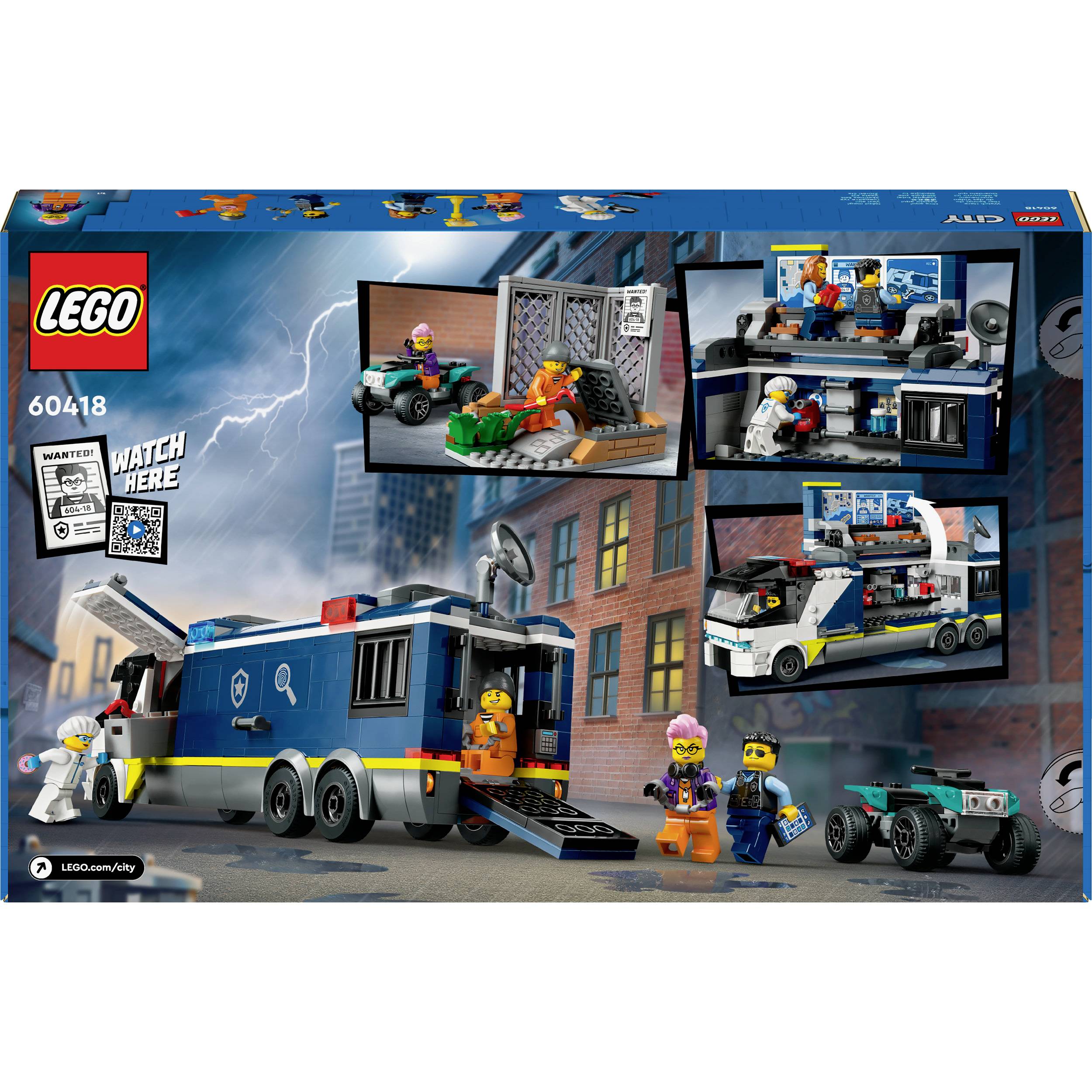 LEGO-Set mit mobilem Polizeilabor, Motorrad und Quads. Zeigt Minifiguren: Polizisten bei der Arbeit. Energiegeladenes Action-Thema.