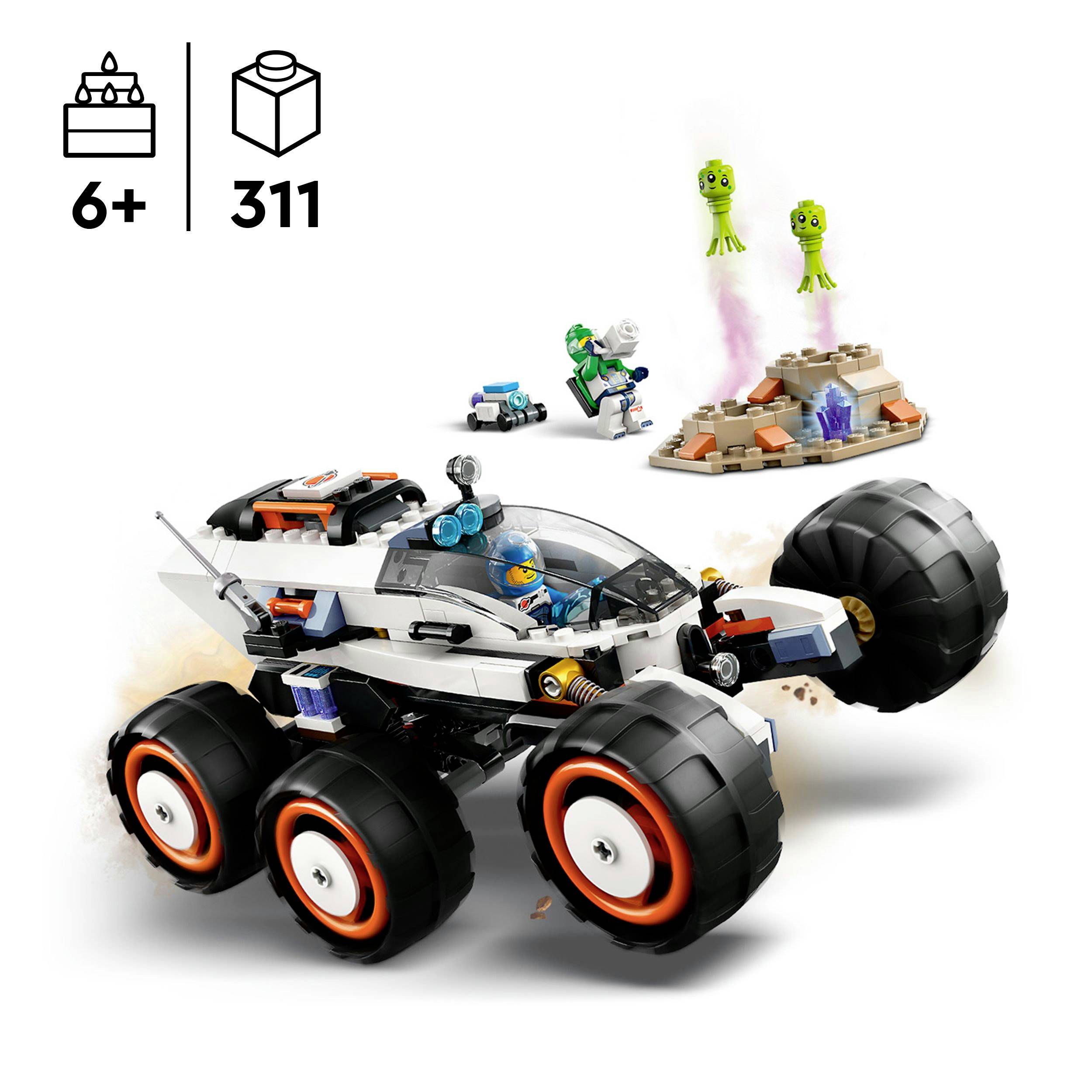 LEGO-Set für Kinder ab 6 Jahren. Enthält ein futuristisches Fahrzeug mit großen Rädern und zwei grüne Alien-Figuren.