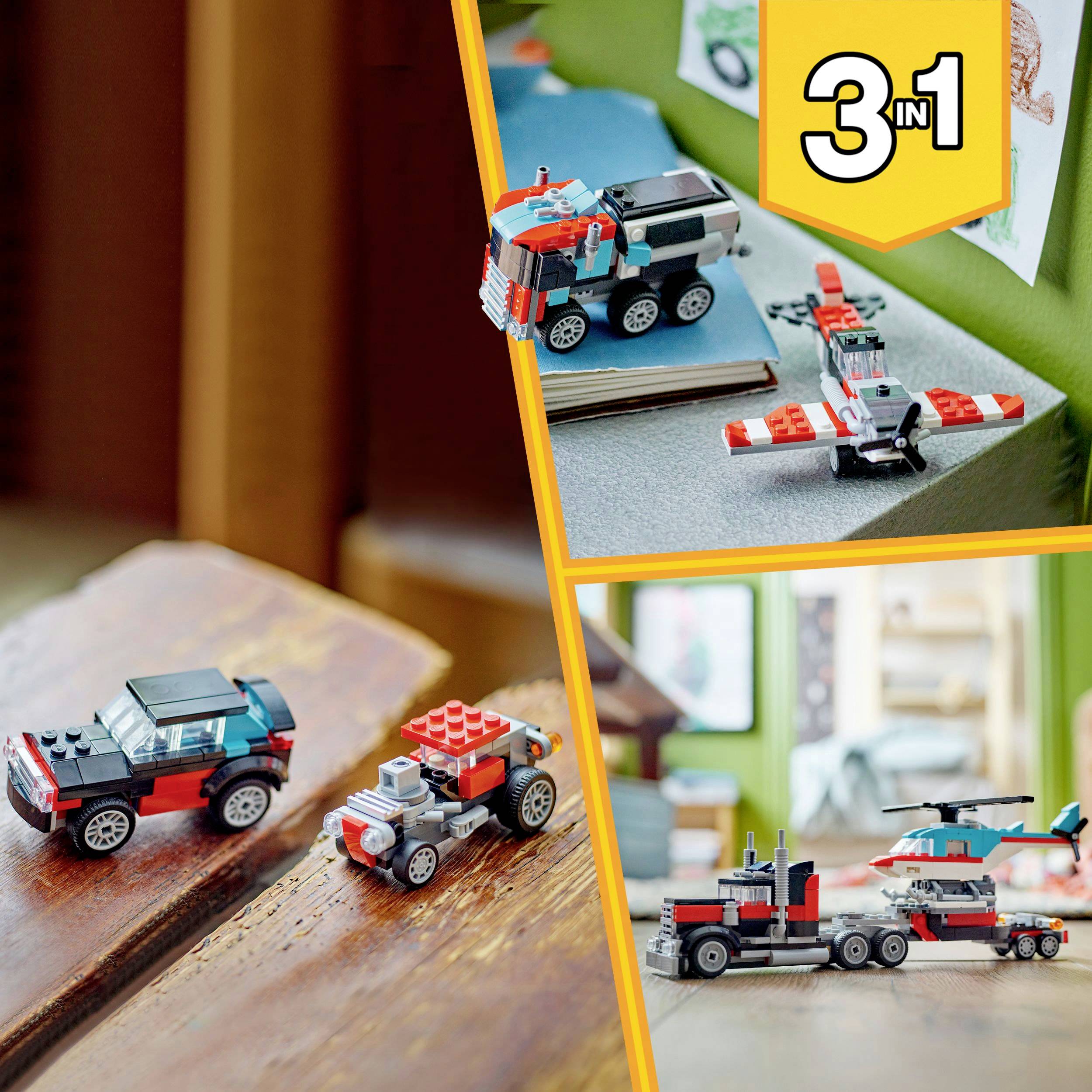 Ein LEGO-Set mit drei Fahrzeugtypen: ein Geländewagen, ein Frachtflugzeug und ein Lastwagen mit Anhänger. '3 in 1'-Schild oben rechts.