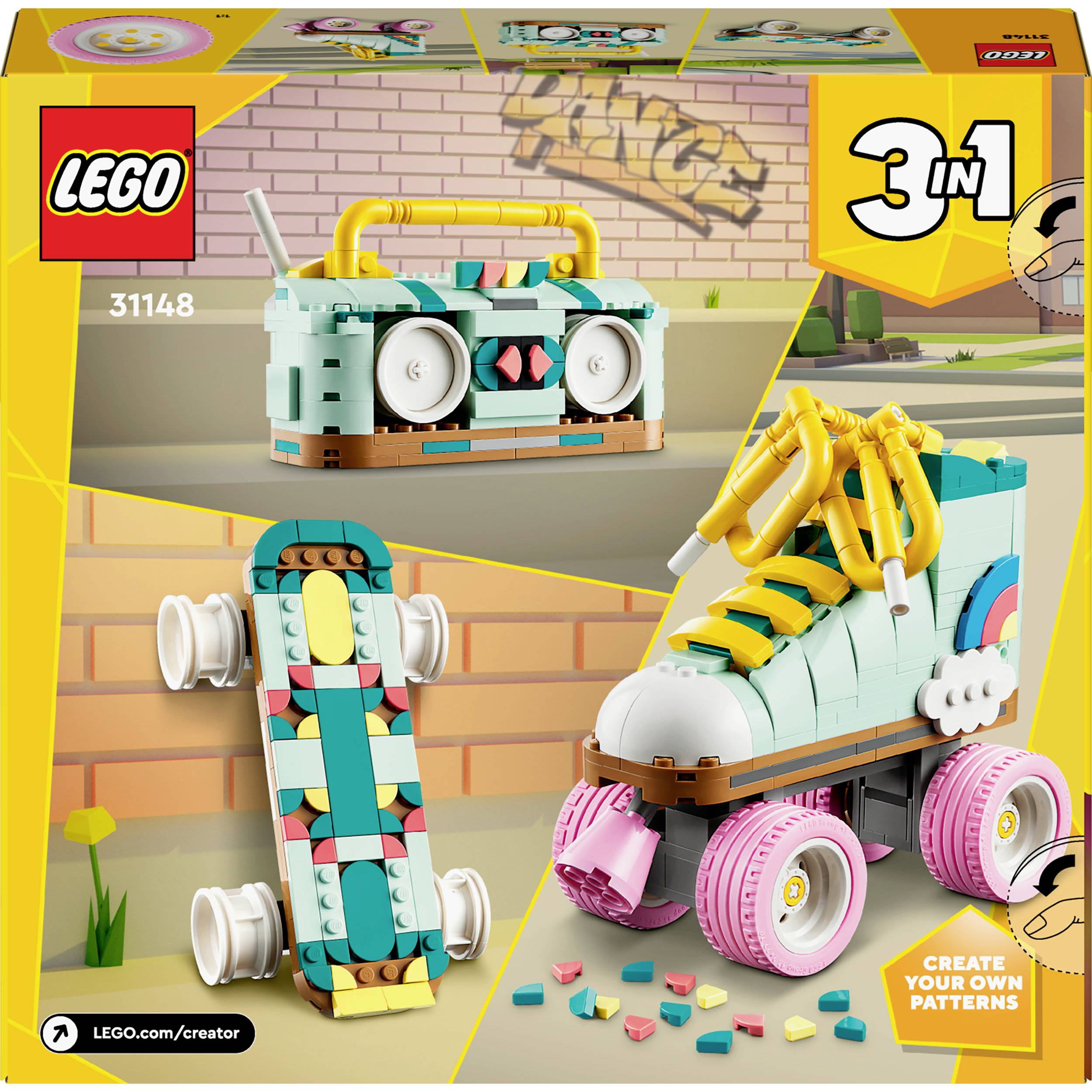 LEGO Set mit drei Bauarten: Schuh-Rollschuh, Skateboard und Boombox. Bunte Steine, Retro-Stil. Box zeigt fertige Modelle.