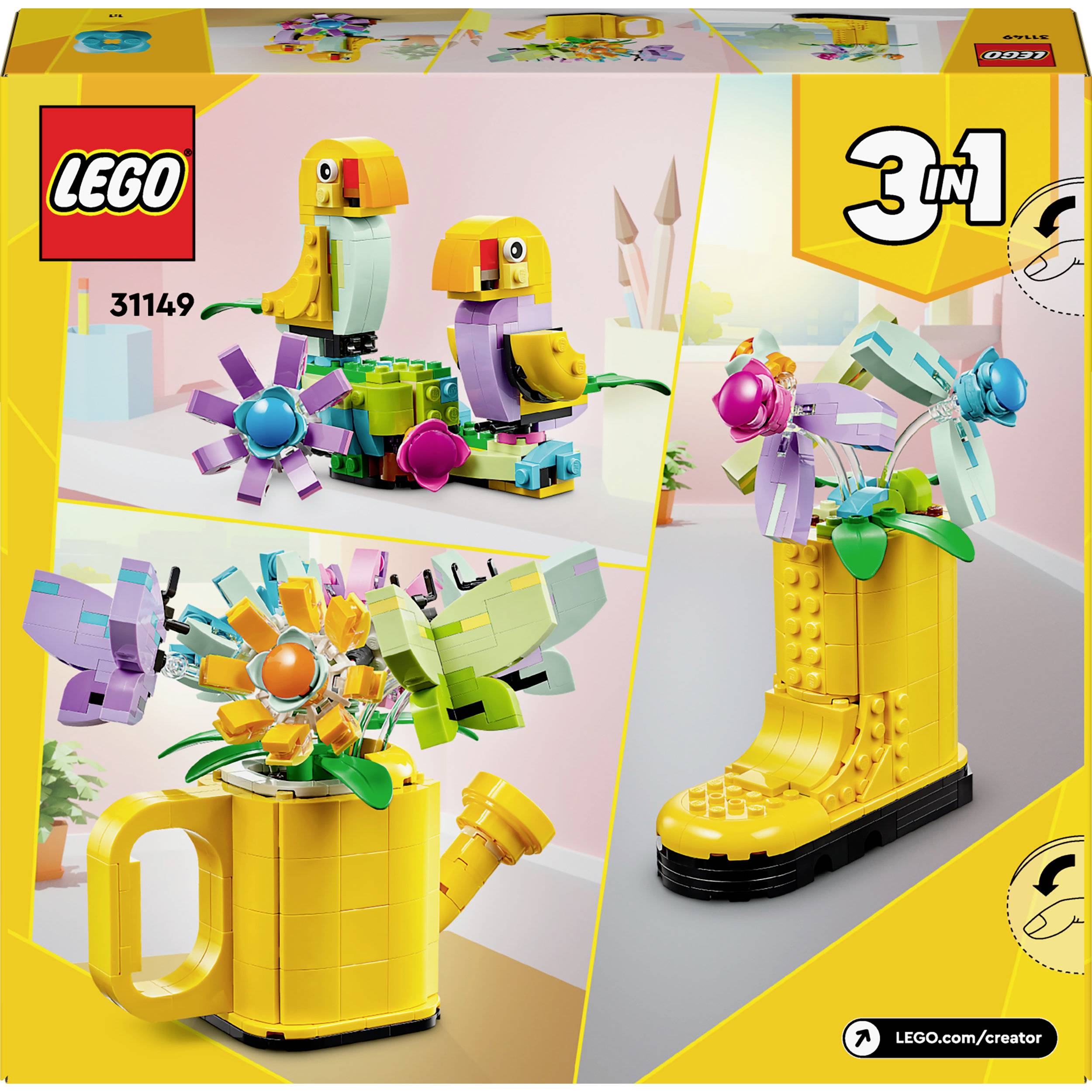 LEGO-Set '31149: 3-in-1'-Verpackung. Abgebildet sind Modelle einer Gießkanne mit Blumen, ein gelber Stiefel und zwei Vögel.