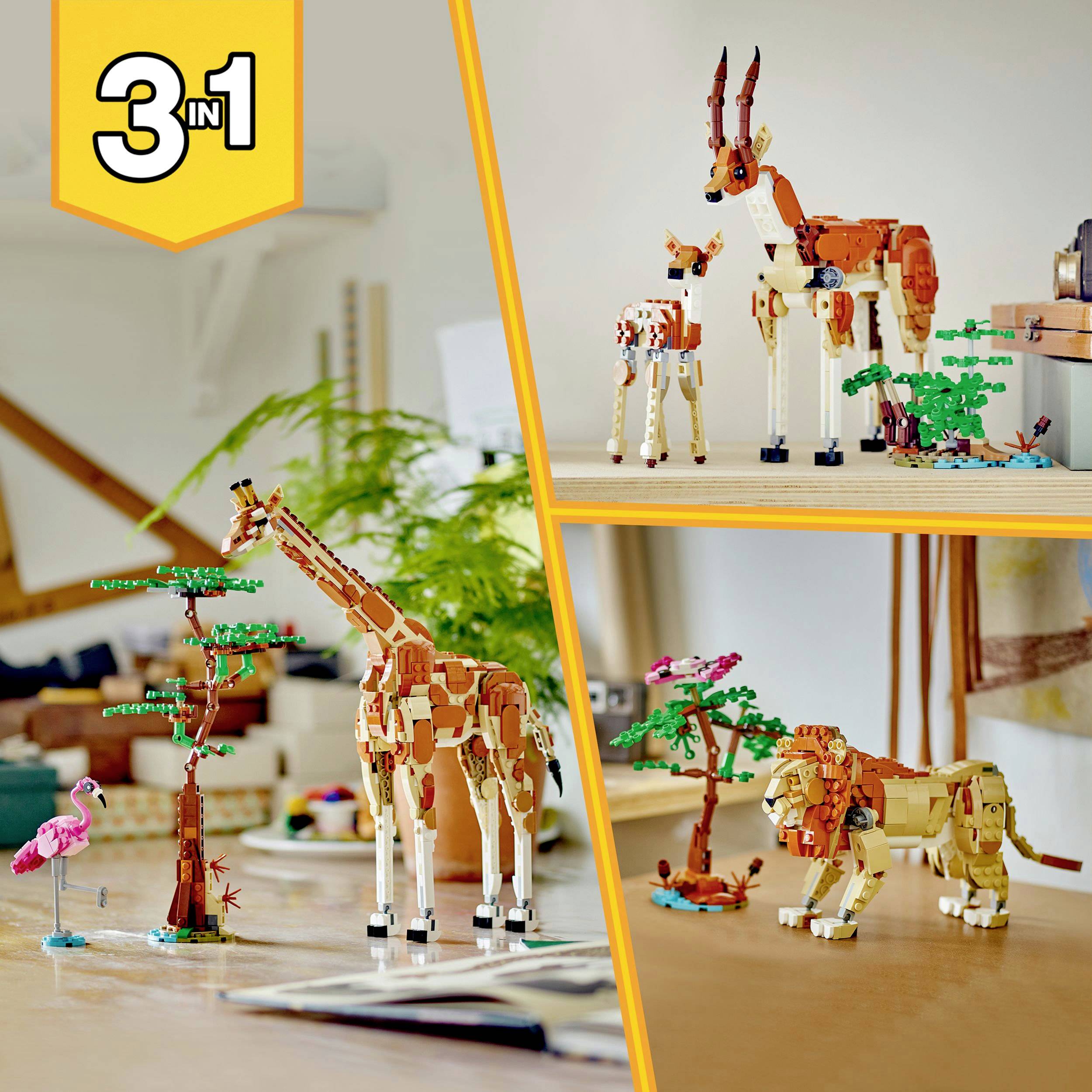 Drei LEGO-Tierszenen: Giraffe mit Vögeln und Baum; Antilope mit Jungtier und Baum; Löwe mit Jungtier und Baum. '3 in 1'-Set.