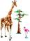 LEGO Bausatz mit einer Giraffe, einem Baum und einem Flamingo aus bunten Bausteinen. Die Giraffe steht neben einem Baum; der Flamingo ist kleiner.
