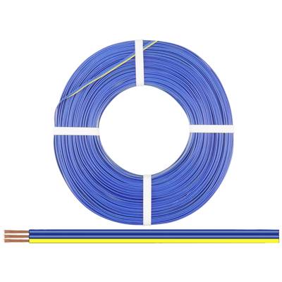 Blaues Kabel aufgerollt, mit Kupferdrähten sichtbar. Unten separat gelb-grünes Schutzleiterkabel.用途:Elektrische Installation.