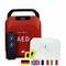 Tragbarer roter AED-Defibrillator, geöffnet mit Elektroden und Anleitungen in mehreren Sprachen: Deutsch, Englisch, Französisch, Italienisch.