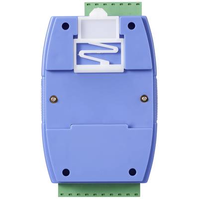 Ein blaues elektrisches Gerät mit zwei Schrauben, Schutzabdeckung und grüner Steckleiste oben und unten. Geeignet für industrielle Anwendungen.