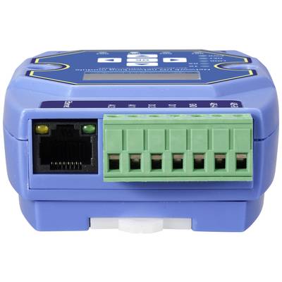 Blaues elektronisches Gerät mit grünen Anschlussklemmen und einem Ethernet-Port, verwendet für Datenverbindungen und Steuerungen.