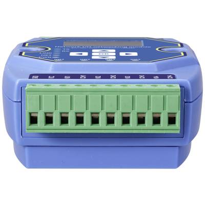 Ein blaues elektronisches Gerät mit einem Display und grünen Anschlussklemmen, vermutlich für elektrische oder elektronische Verbindungen.