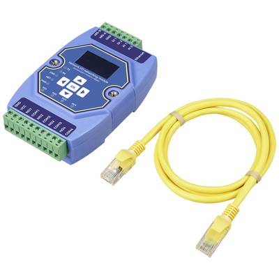 'Elektronisches Gerät zur Datenverarbeitung mit digitalem Display und Bedientasten, daneben gelbes Ethernet-Kabel mit Steckern.'