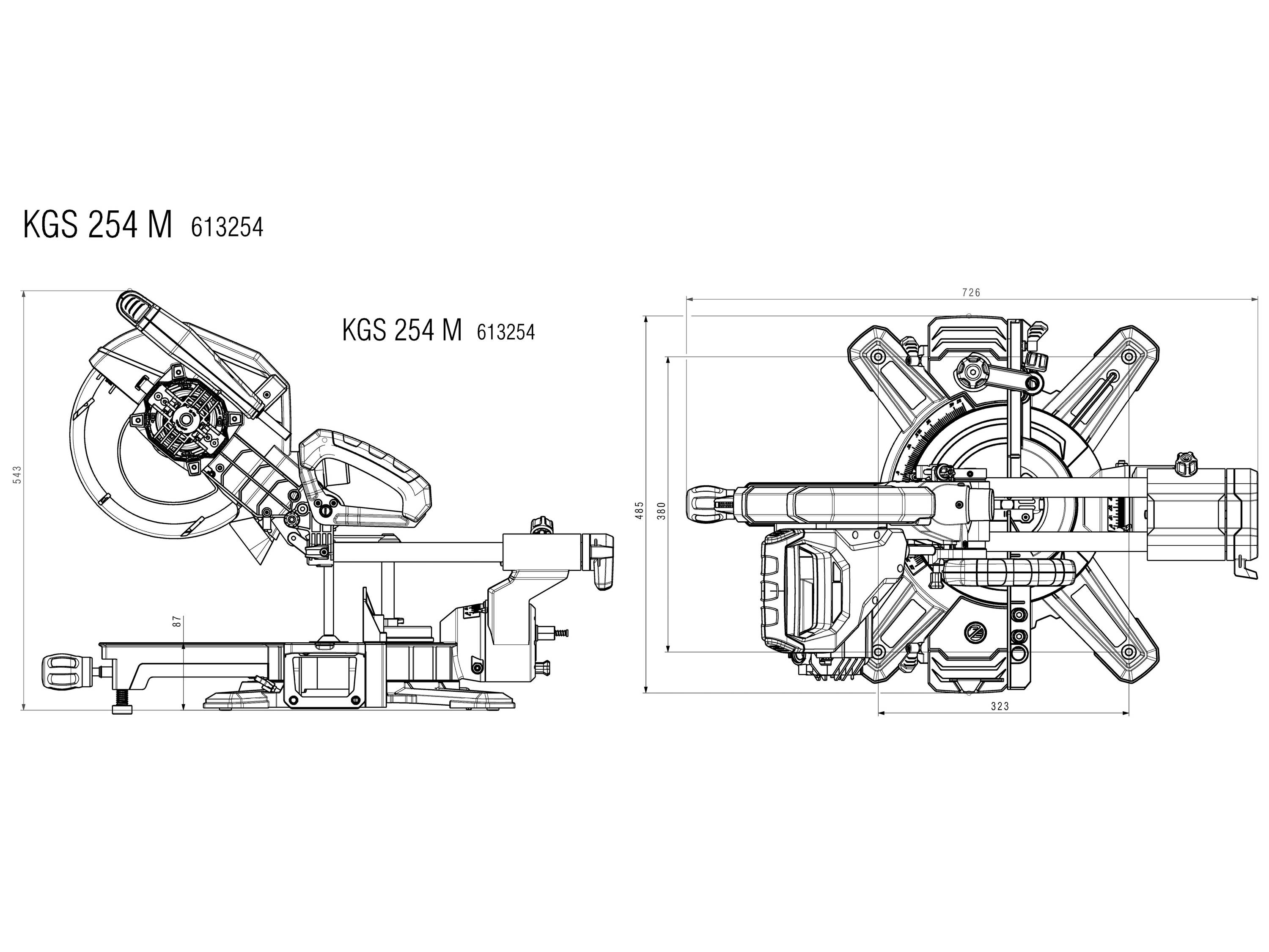 Zeichnung einer Gehrungssäge, Modell 'KGS 254 M', mit technischen Maßen: Seitenansicht und Draufsicht. 