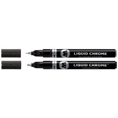 Zwei schwarze Marker mit der Aufschrift 'LIQUID CHROME 20 YEARS EDITION' und 'LIQUID CHROME MIRROR EFFECT', beide mit abgenommenen Kappen.