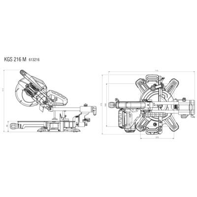 Konstruktionszeichnung einer Gehrungssäge, Modell KGS 216 M, mit Abmessungen und technischen Details. Draufsicht und Seitenansicht.
