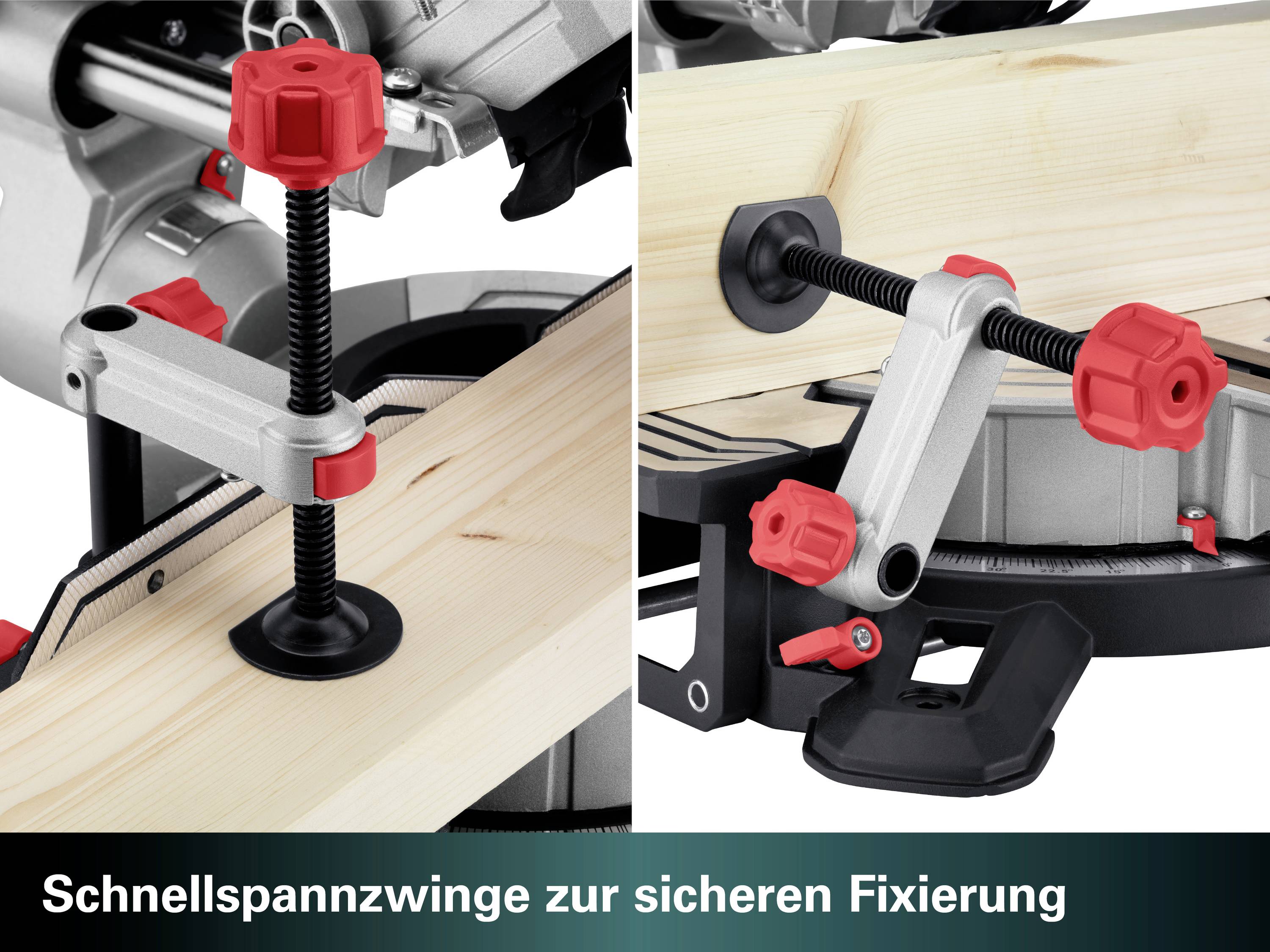 Schnellspannzwinge fixiert Holz sicher auf einem Schneidetisch. Zwei Ansichten: Seitenansicht und Draufsicht. Rote Griffe sichtbar.