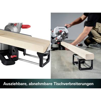 'Makita-Säge mit ausziehbaren Tischverbreiterungen; eine zeigt Holz auf Verbreiterung, andere in Benutzung auf Betonboden.'
