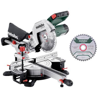 Eine Kappsäge mit Metabo-Logo, ausgestattet mit einer verstellbaren Führungsschiene und einem Sägeblatt für präzises Schneiden.