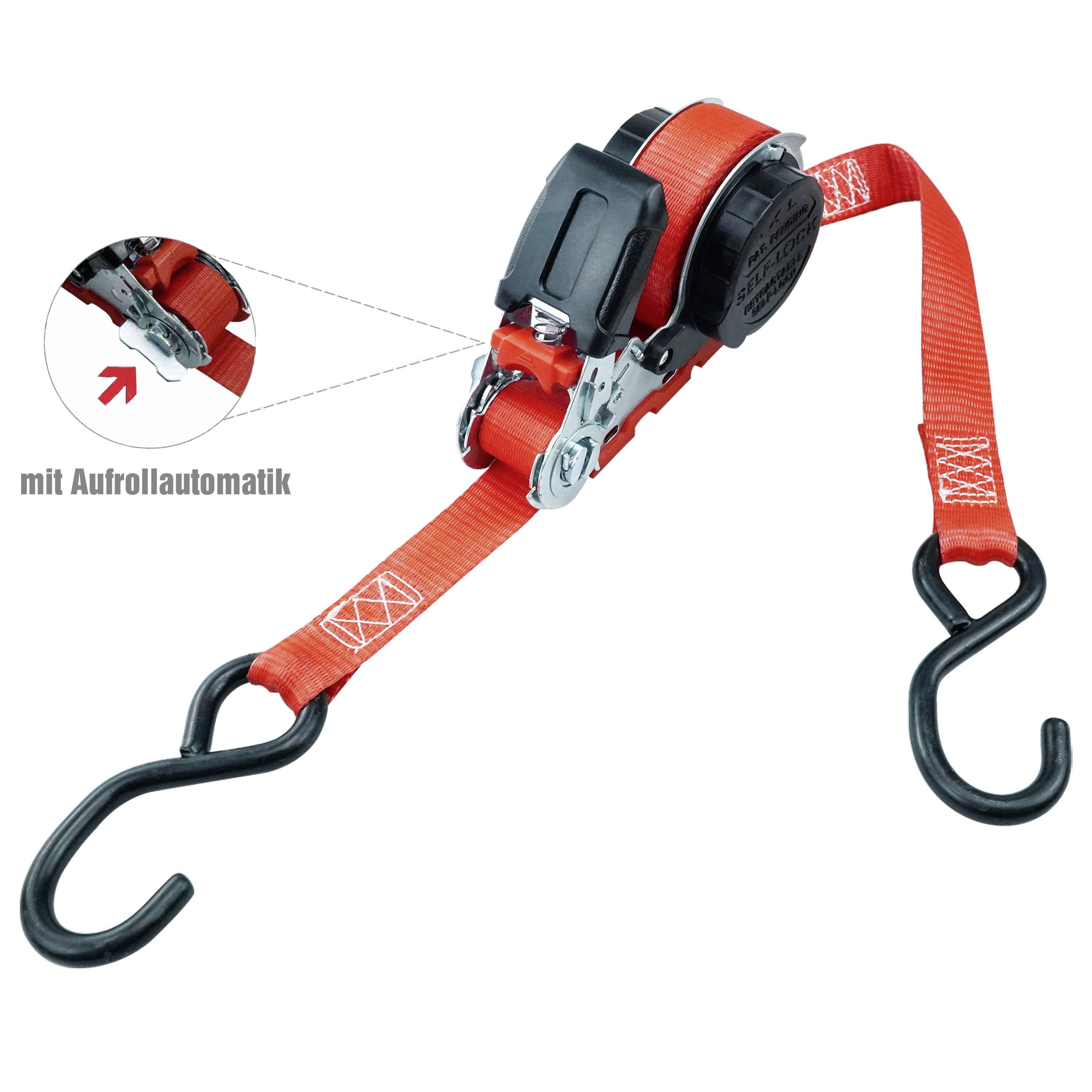 Ratschen-Zurrgurt mit Aufrollautomatik, rot, mit Haken an beiden Enden. Detailansicht zeigt mechanische Teile.
