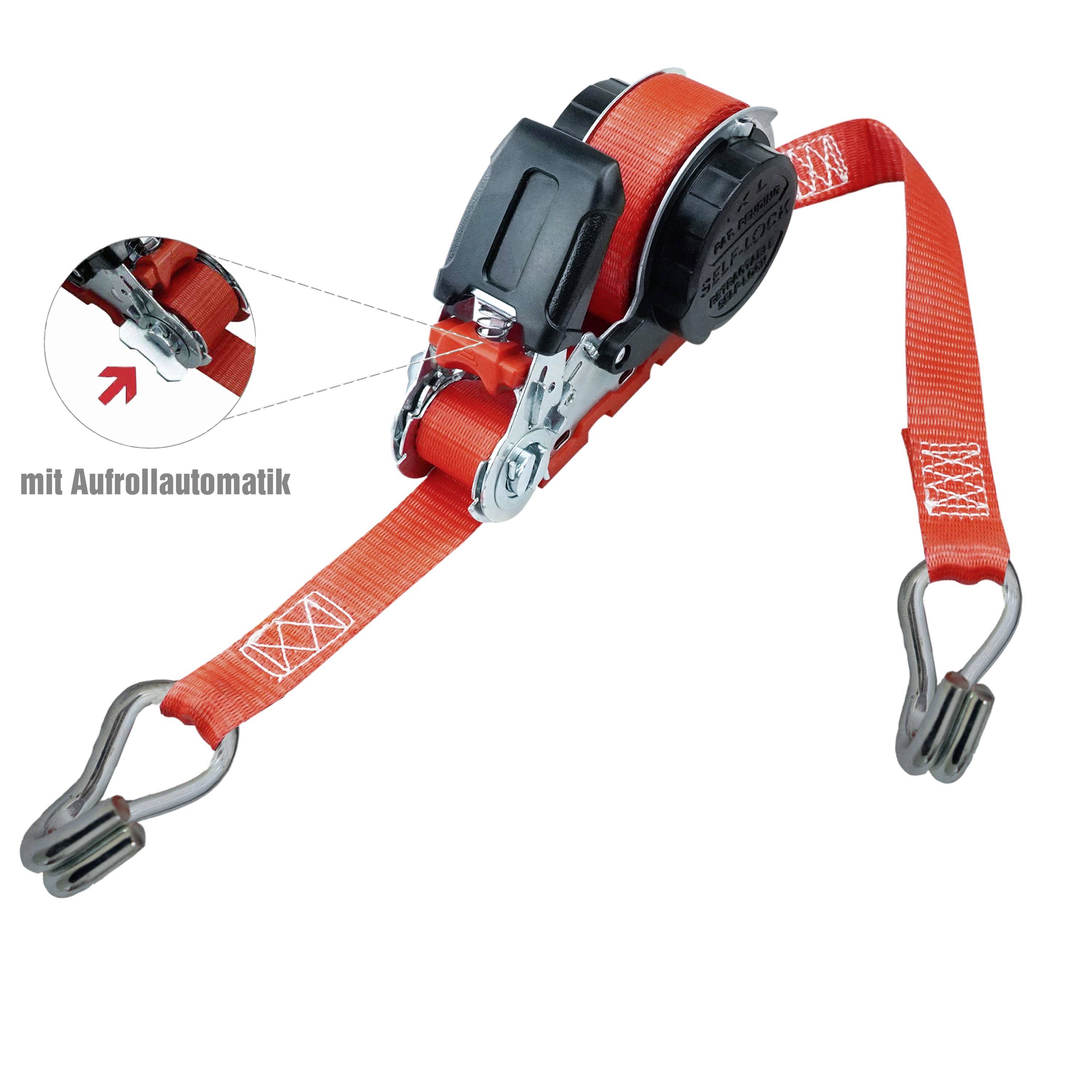 Rote Spanngurte mit Aufrollautomatik, Haken an beiden Enden, Nahaufnahme des Aufrollmechanismus mit Taster.