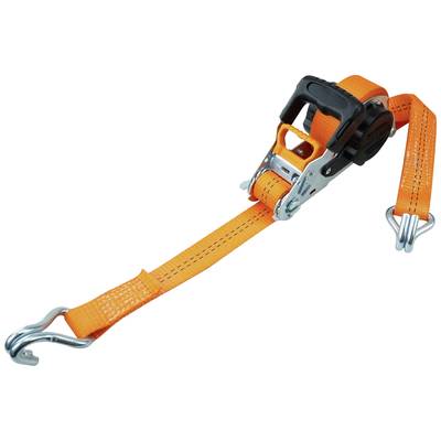 Ein orangener Spanngurt mit Ratsche und Haken an beiden Enden. Verwendet zum Sichern von Gegenständen während des Transports.