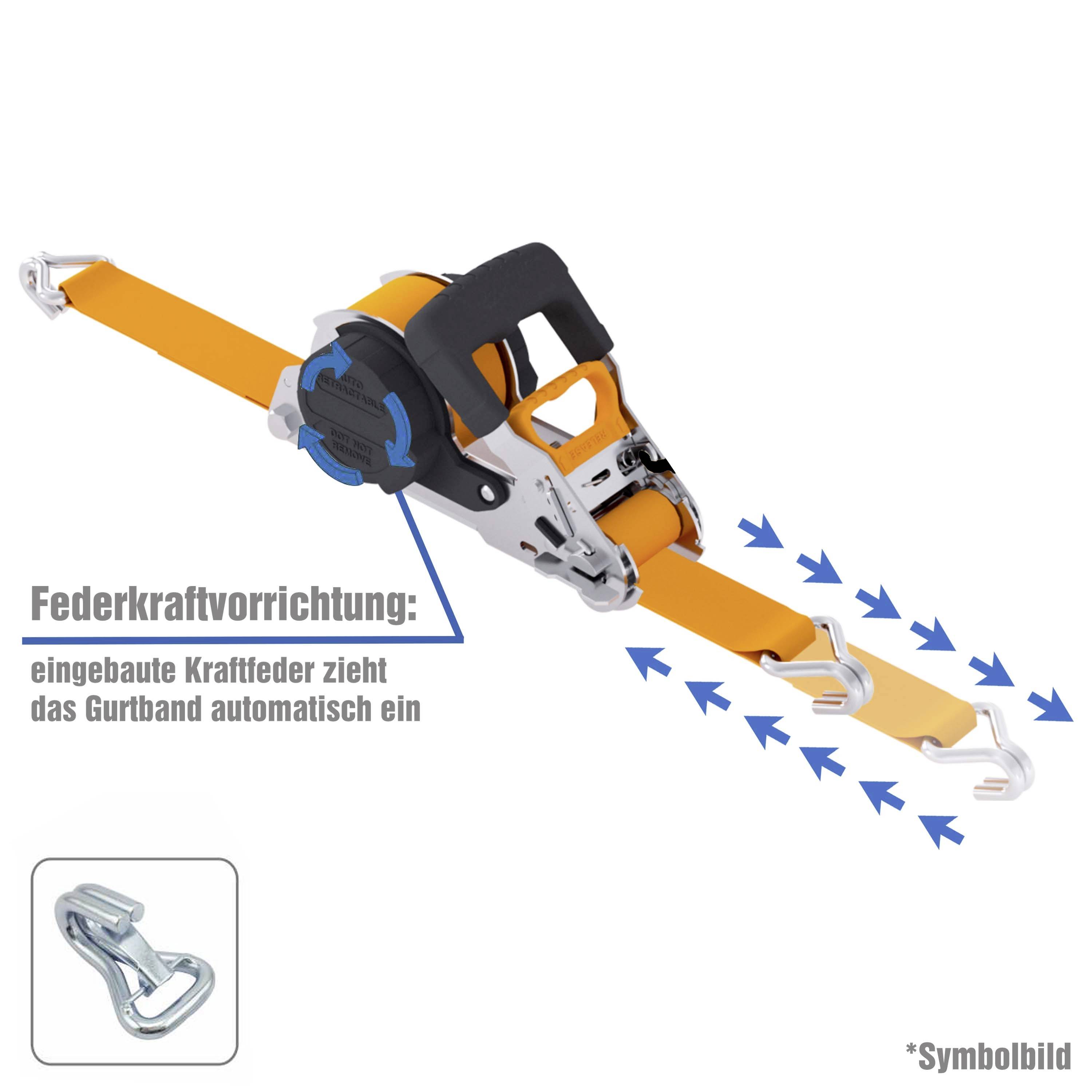 'Federkraftvorrichtung: eingebaute Kraftfeder zieht das Gurtband automatisch ein.' Symbolbild eines Spanngurtes mit Haken.