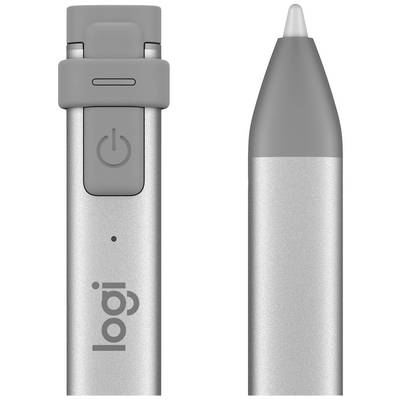Zwei graue digitale Stifte mit 'logi'-Logo. Links ist die Rückseite mit Einschaltknopf und rechts die Spitze sichtbar.