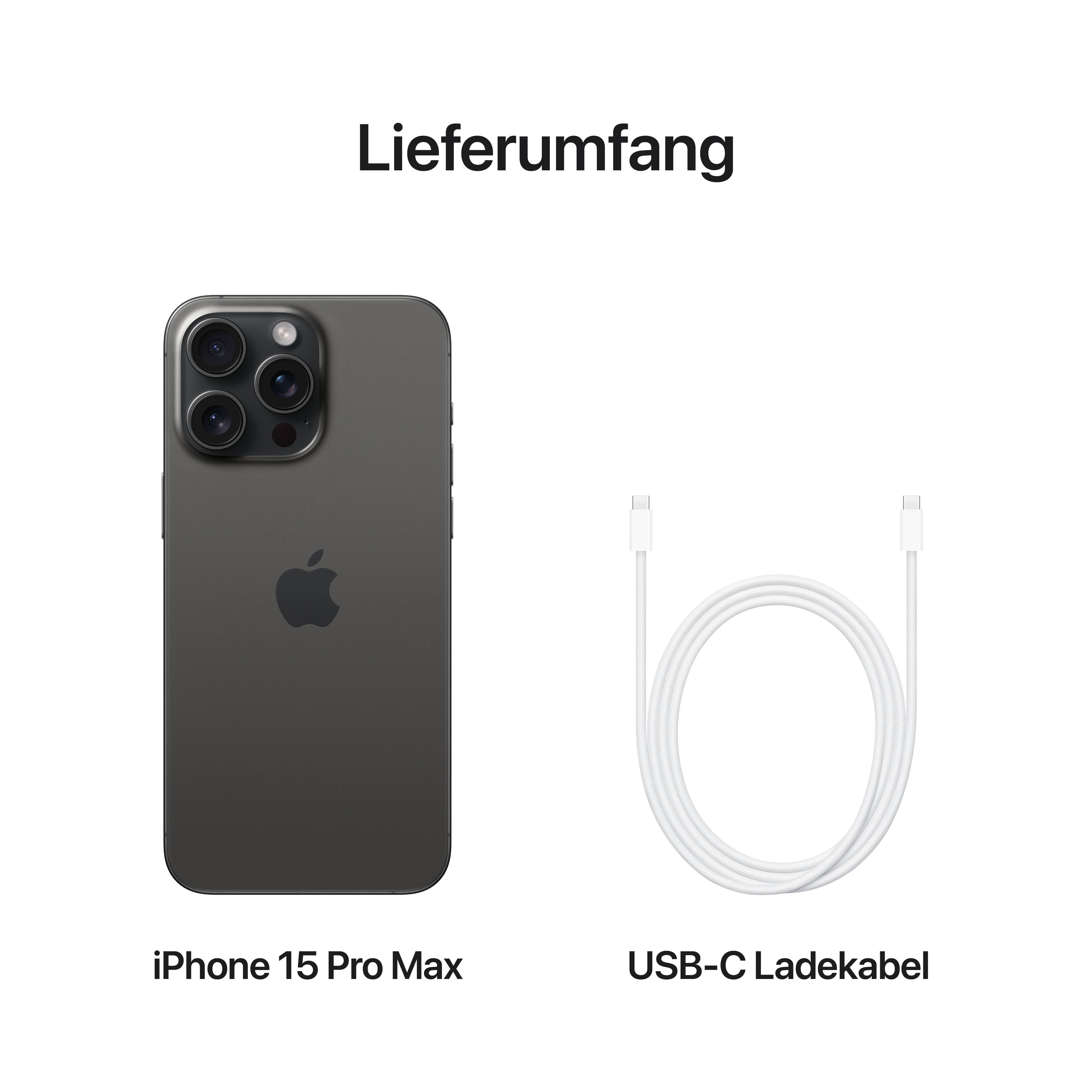 'Lieferumfang: iPhone 15 Pro Max und USB-C Ladekabel'