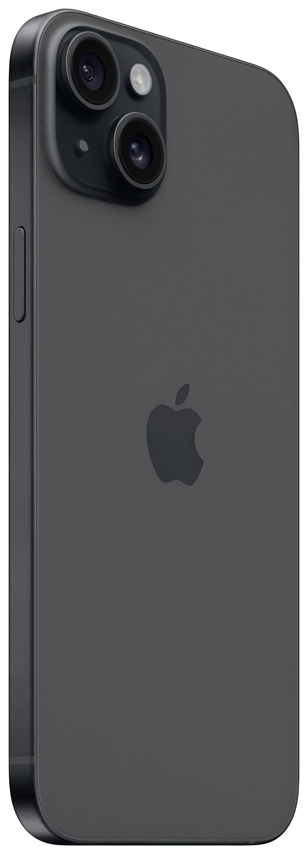 Ein schwarzes Smartphone mit dem Apple-Logo, auf der Rückseite mit zwei Kameralinsen in der linken oberen Ecke.