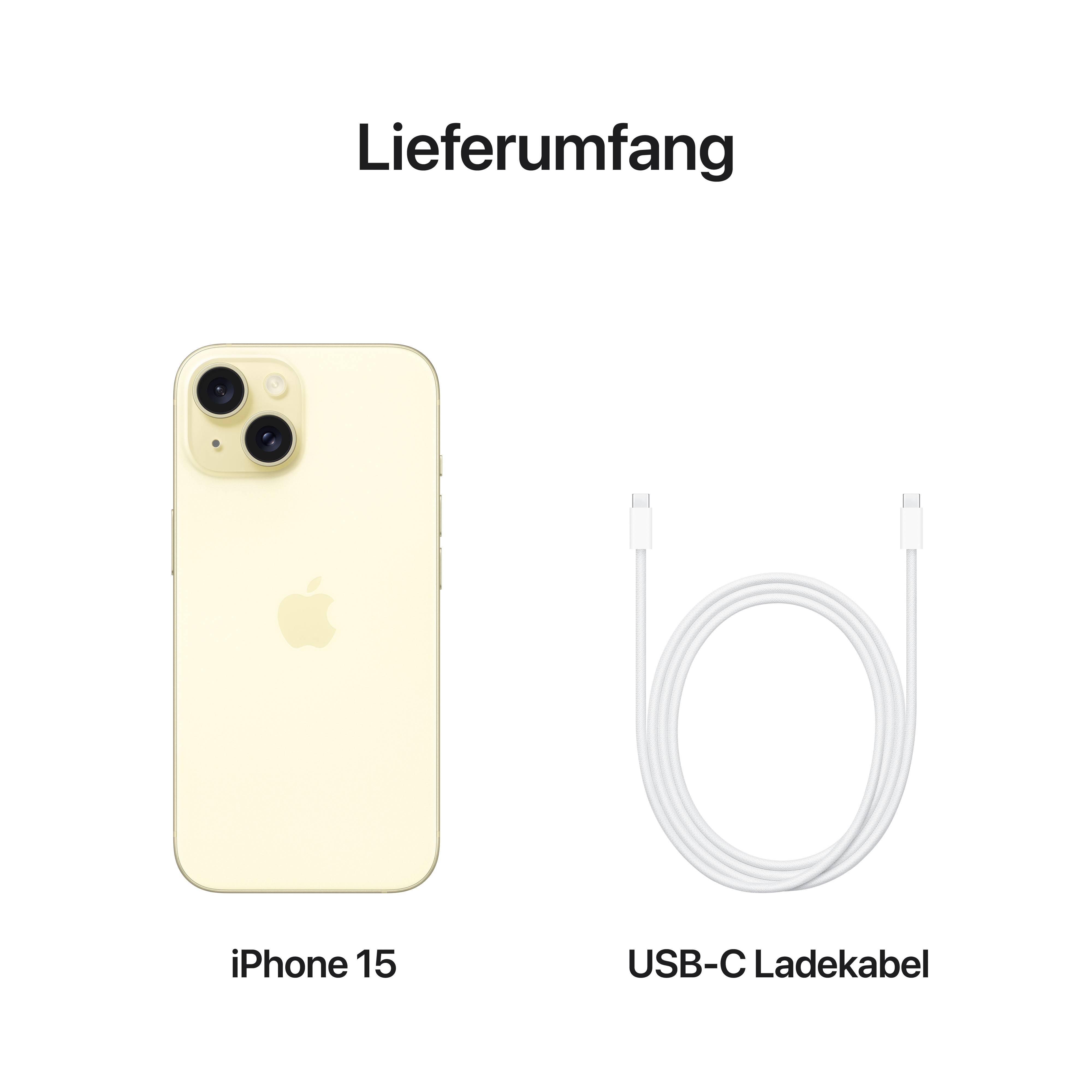 Abbildung zeigt den Lieferumfang: ein gelbes iPhone 15 links und ein USB-C-Ladekabel rechts.