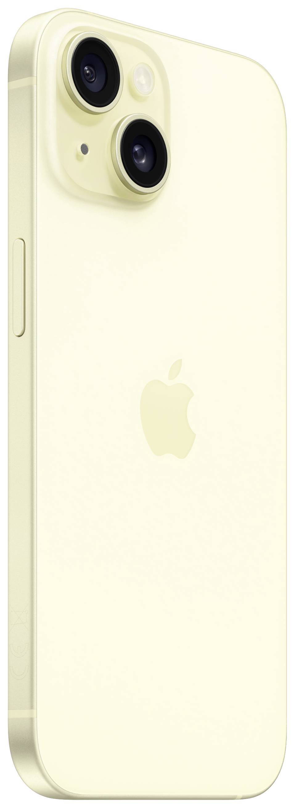 Gelbes Smartphone mit zwei Kameras auf der Rückseite und dem Apple-Logo in der Mitte.
