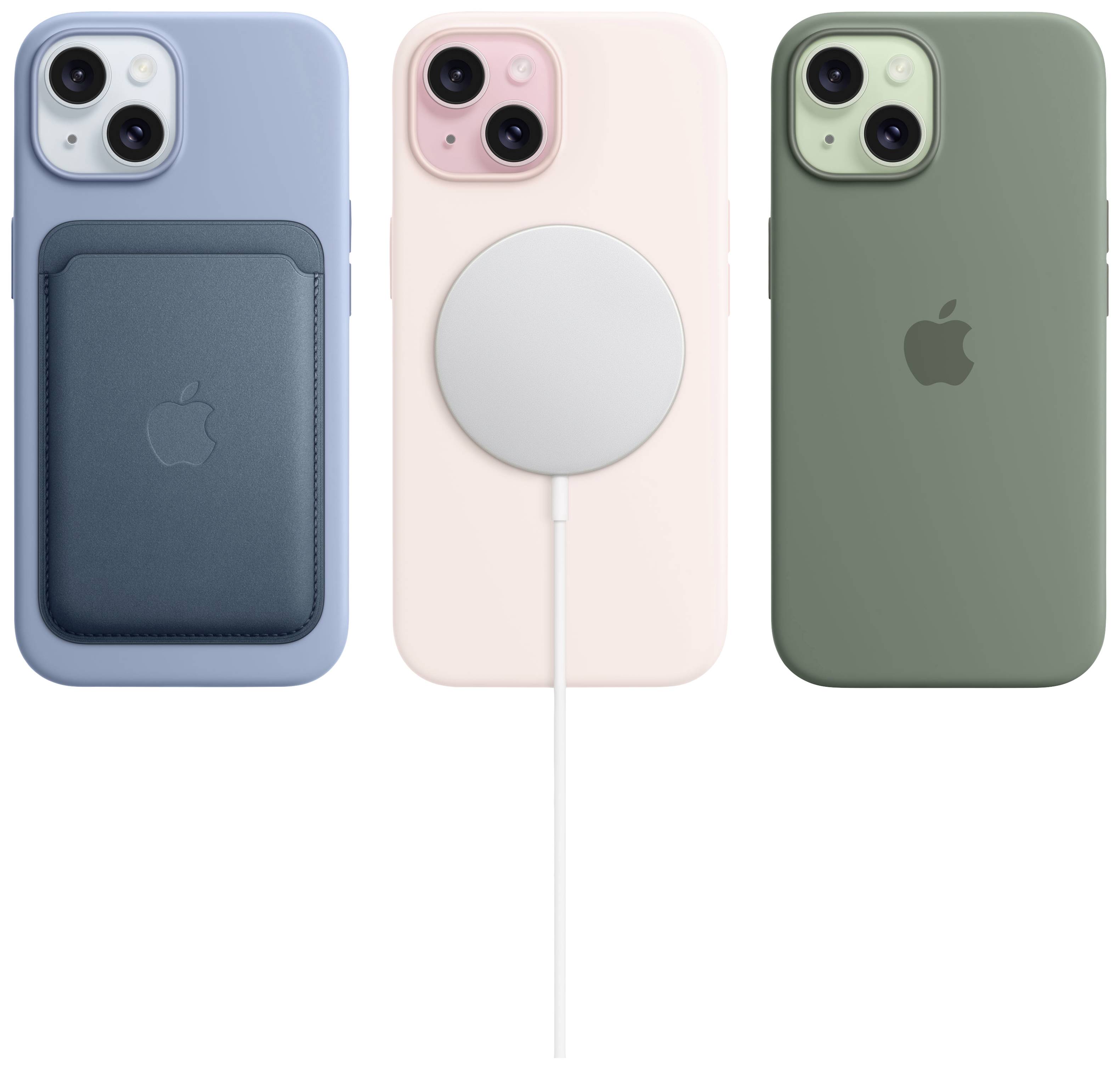 Drei iPhones in verschiedenen Farben mit Schutzhüllen, eine mit Kartenfach, eine mit MagSafe-Ladegerät und eine ohne Zubehör.