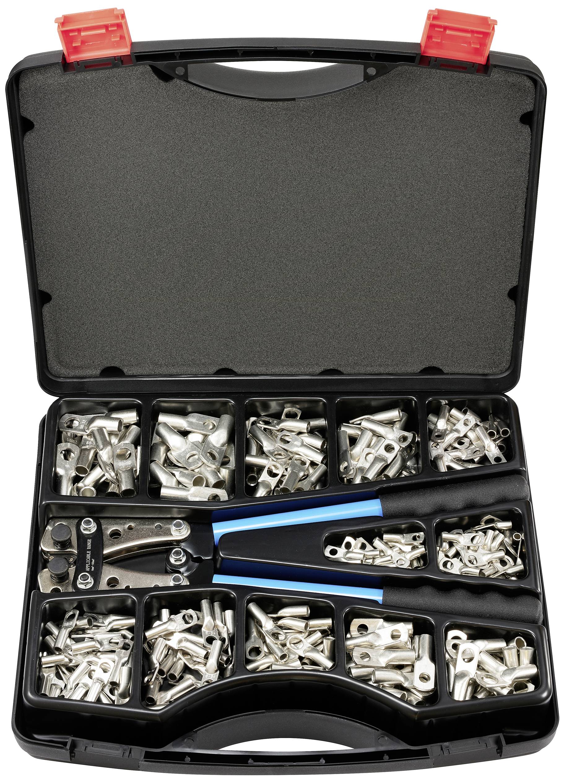 Ein geöffneter Werkzeugkasten mit einem Presswerkzeug und verschiedenen Steckverbindern in separaten Fächern, alles in einem schwarzen Koffer.