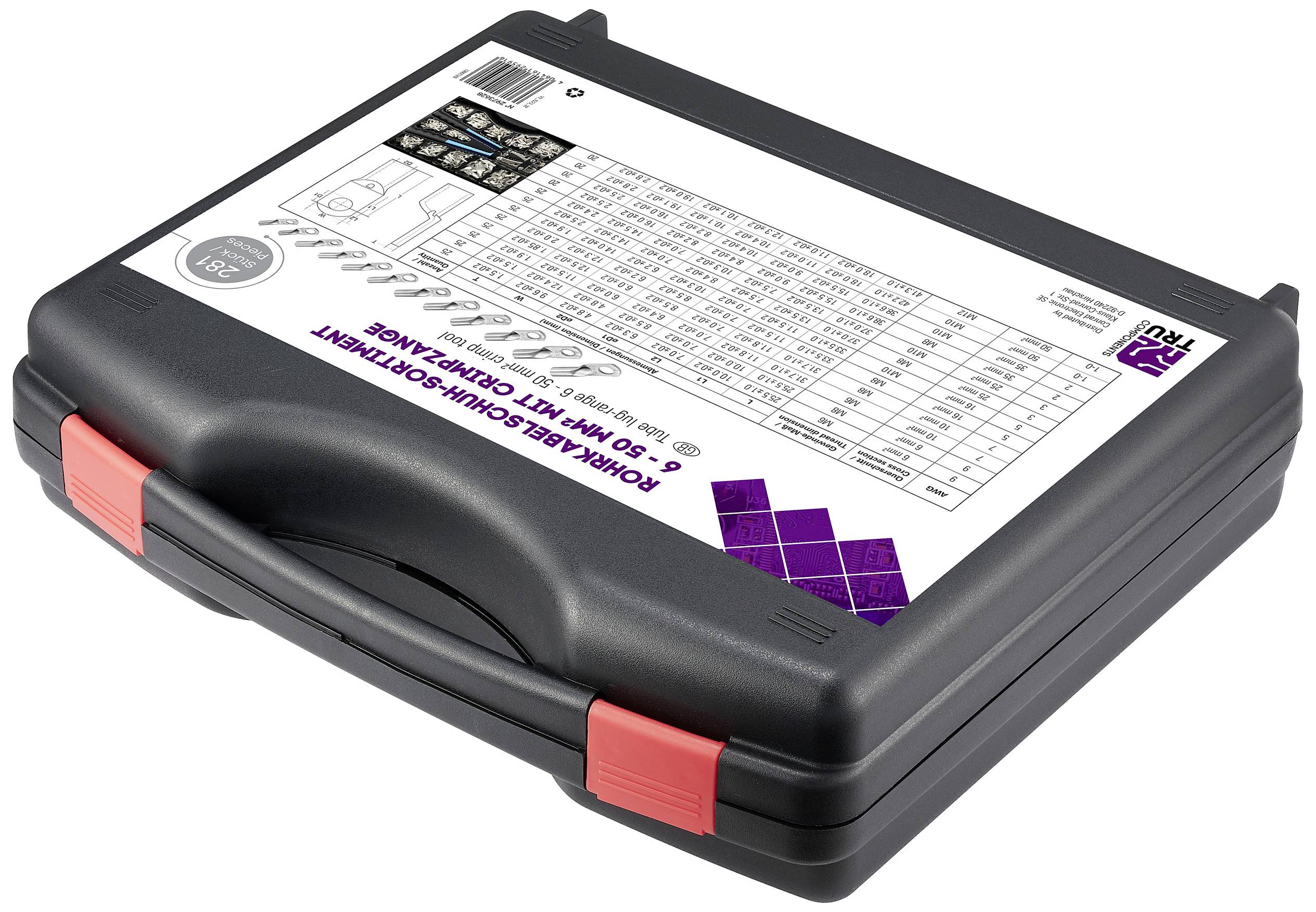 Schwarzer Werkzeugkoffer mit rotem Verschluss. Etikett zeigt Bohr- und Meißelset mit 10 Teilen und passender Größen- und Anwendungsliste.