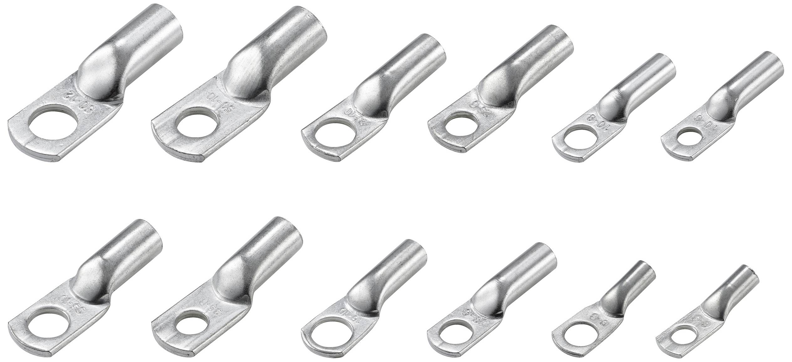 'Kleine Metall-Stromkabelverbinder in verschiedenen Größen, angeordnet in zwei Reihen.'